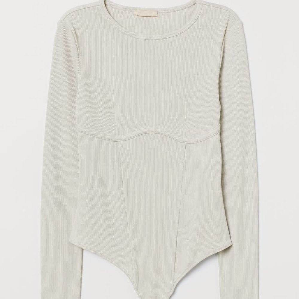 H&M Ribbed Thong Bodysuit Light Beige Size S